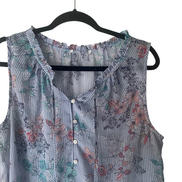 Liz Claiborne Size Large Blue Sheer Striped Floral Sleevelss Blouse - Picture 2 of 7